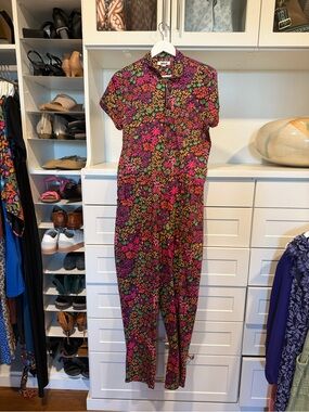 Floral Short-Sleeve Jumpsuit in Fuchsia & Green